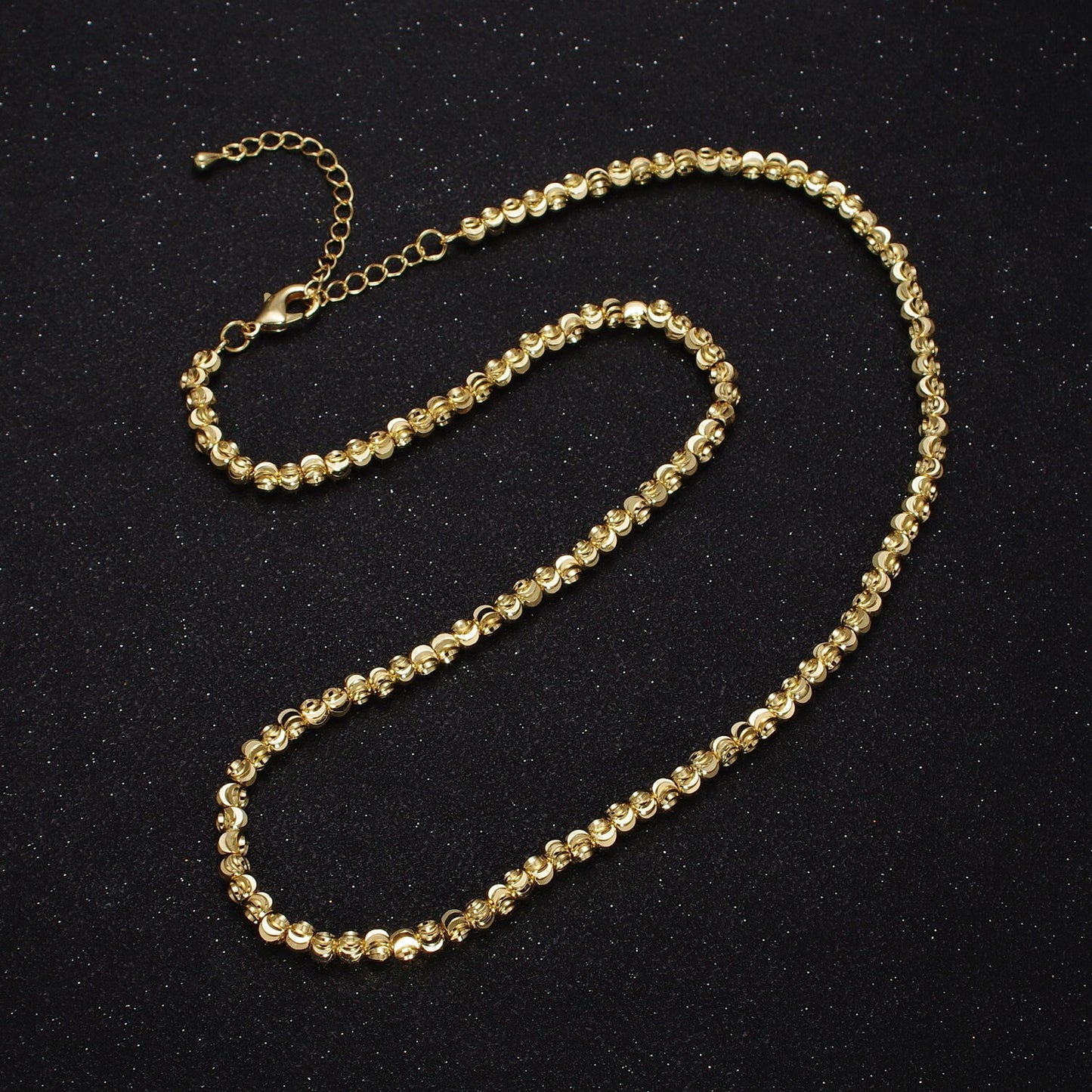 Dainty Gold Sparkling Moon Cut Ball Bead Necklace Chain Thin Minimalist Jewelry Beaded Ball 17.5 inch + 2 inch extender for Woman WA1568
