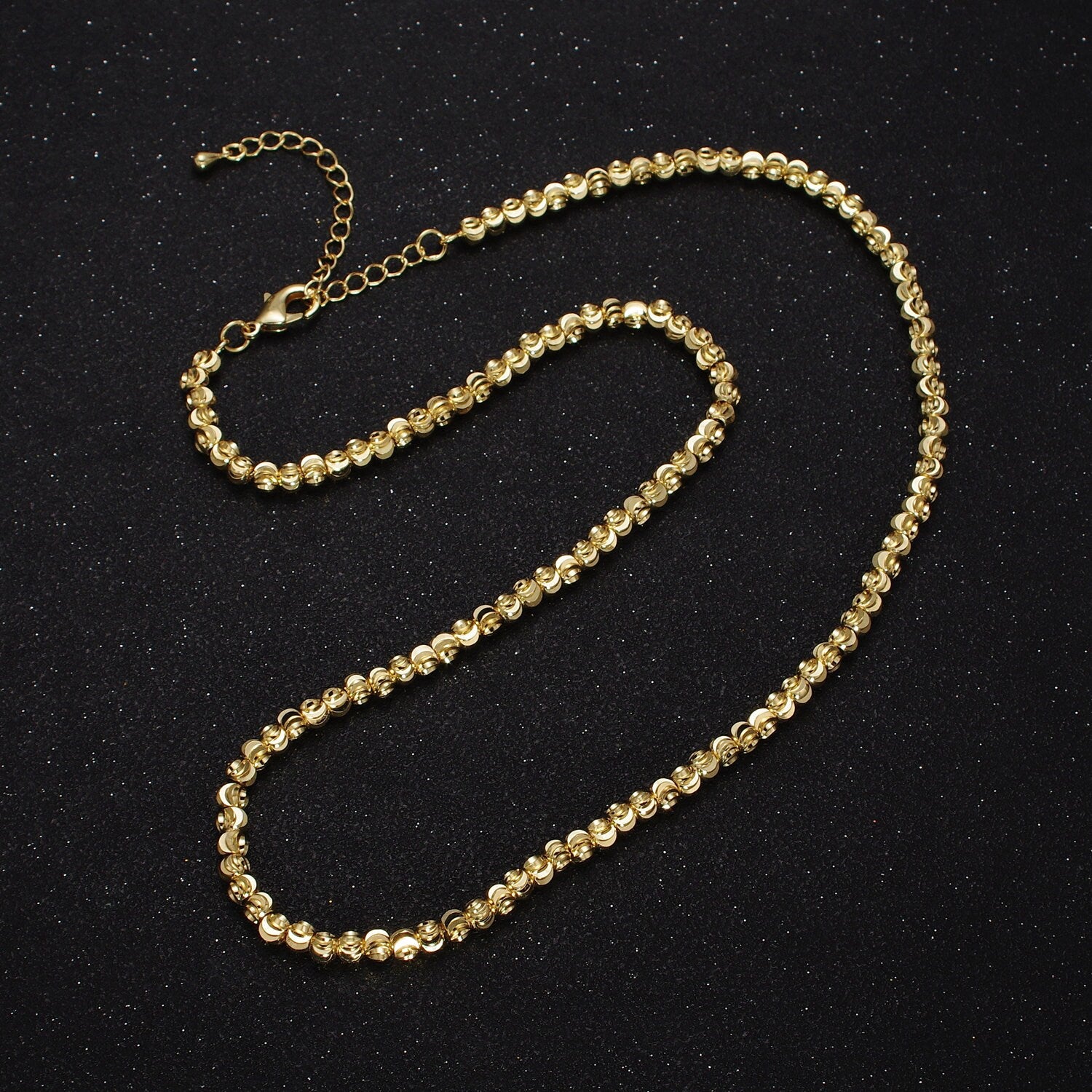 Dainty Gold Sparkling Moon Cut Ball Bead Necklace Chain Thin Minimalist Jewelry Beaded Ball 17.5 inch + 2 inch extender for Woman WA1568
