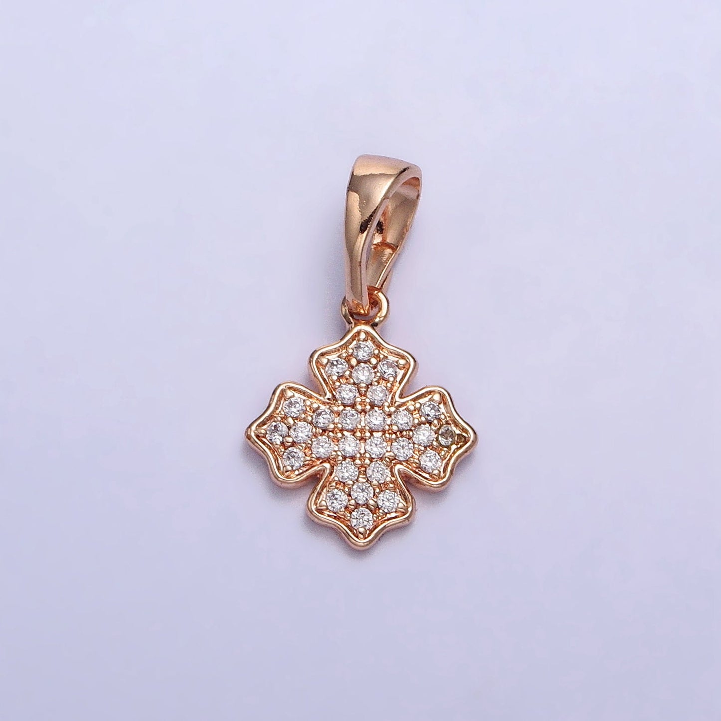 18K Gold Filled Clear Micro Paved CZ Clover Charm Pinky Gold Cross Pendant | AA032