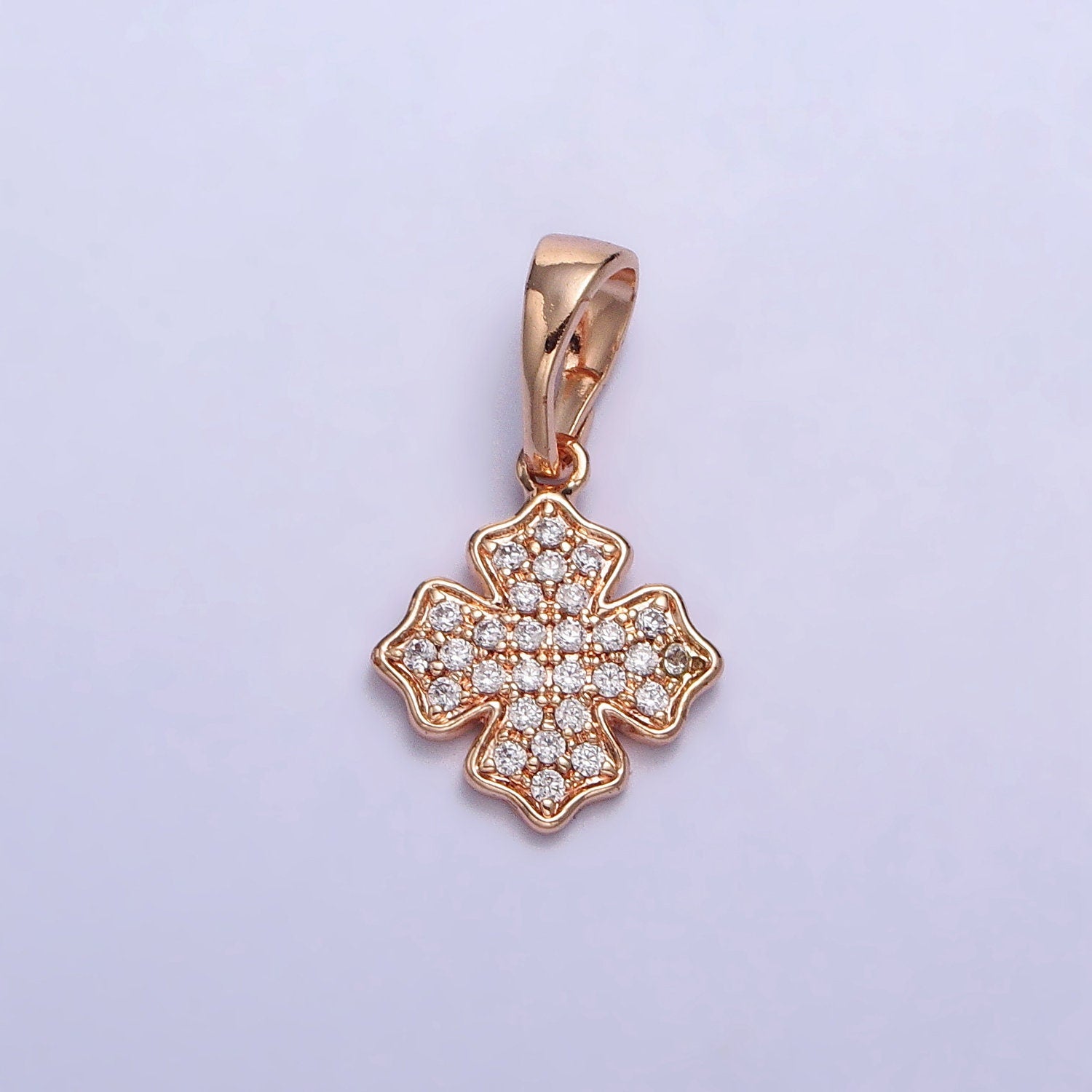 18K Gold Filled Clear Micro Paved CZ Clover Charm Pinky Gold Cross Pendant | AA032