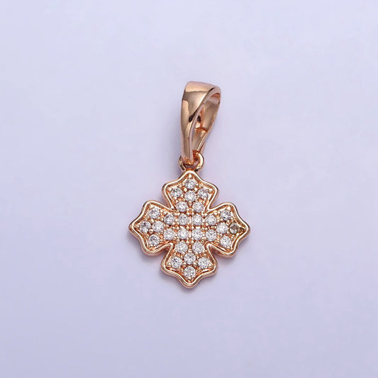 18K Gold Filled Clear Micro Paved CZ Clover Charm Pinky Gold Cross Pendant | AA032