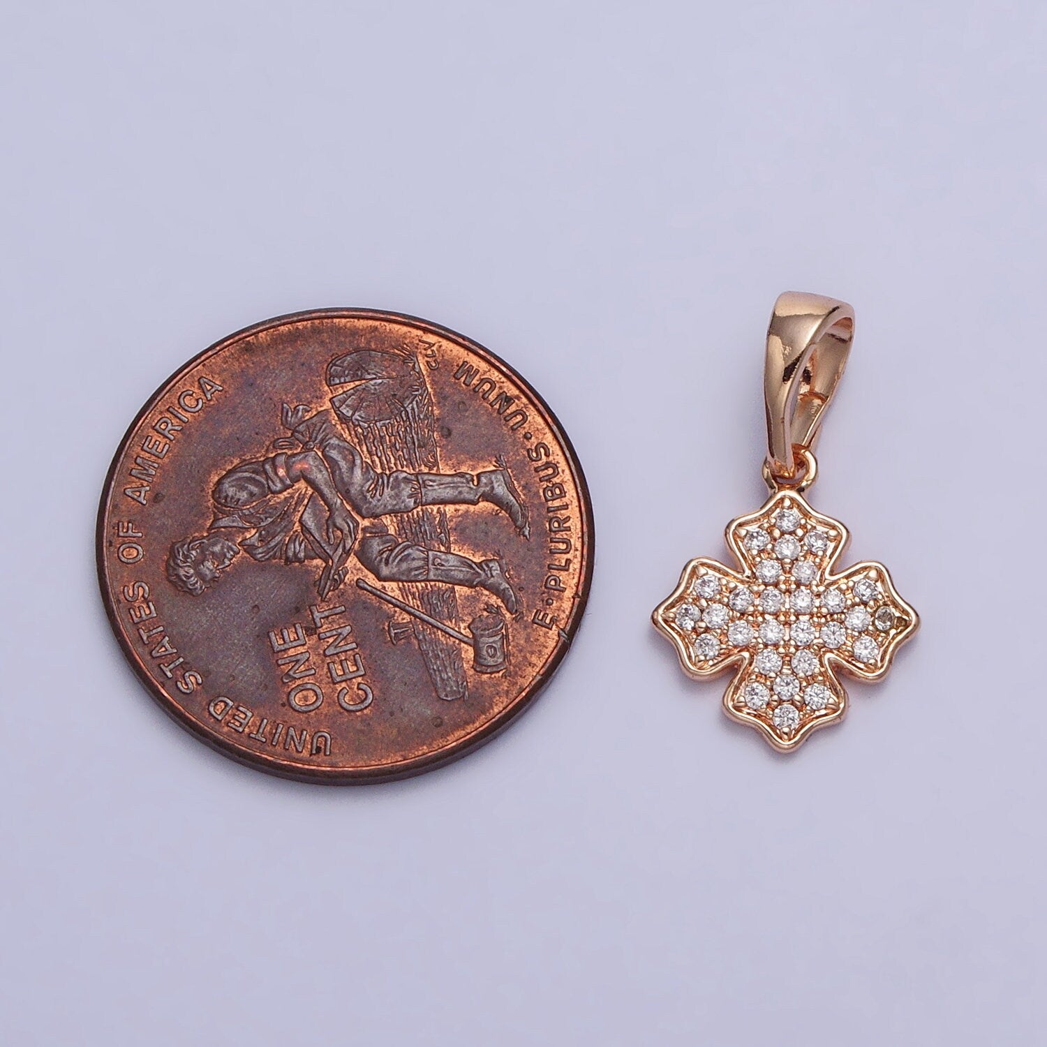 18K Gold Filled Clear Micro Paved CZ Clover Charm Pinky Gold Cross Pendant | AA032