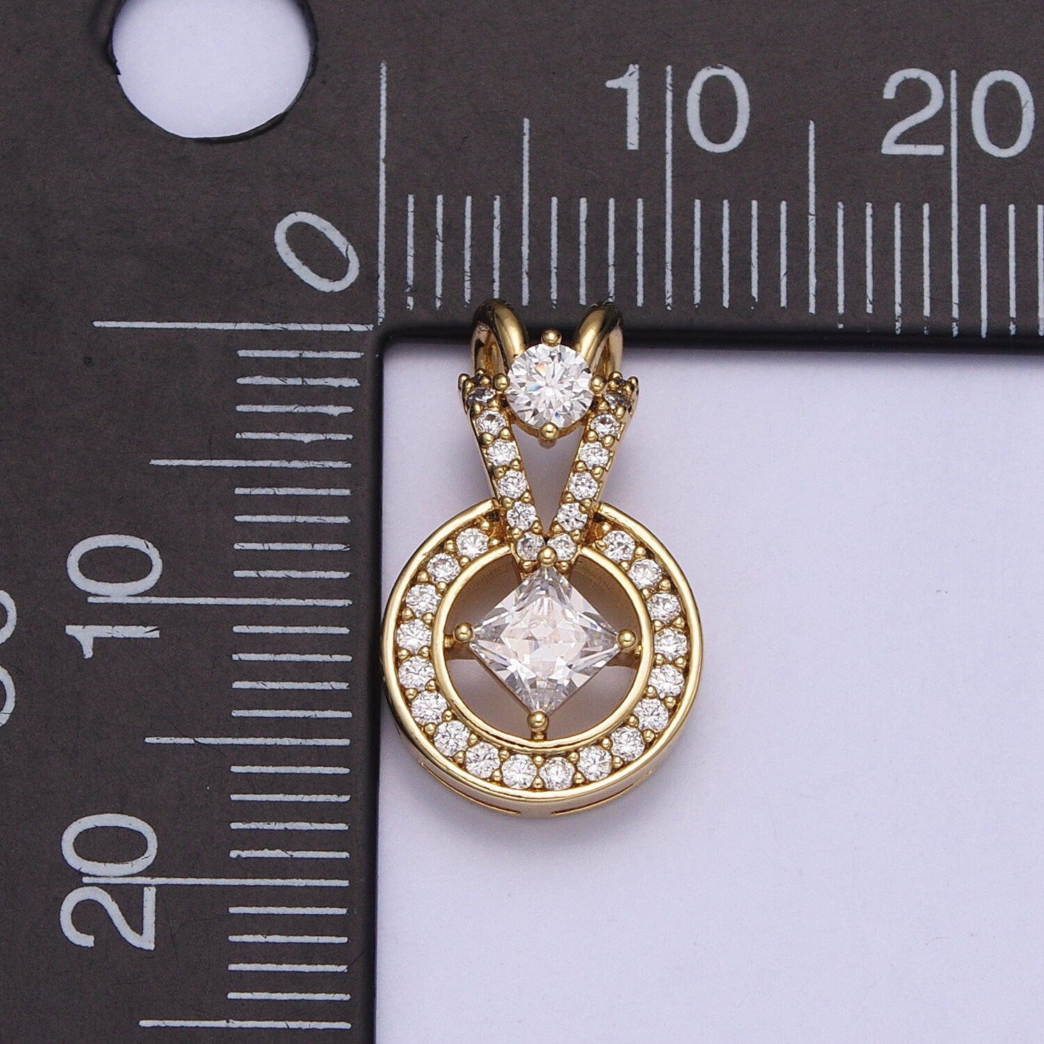 14K Gold Filled Clear Rhombus CZ Round Micro Paved Charm Geometric Pendant Minimalist Jewelry Component | AA038