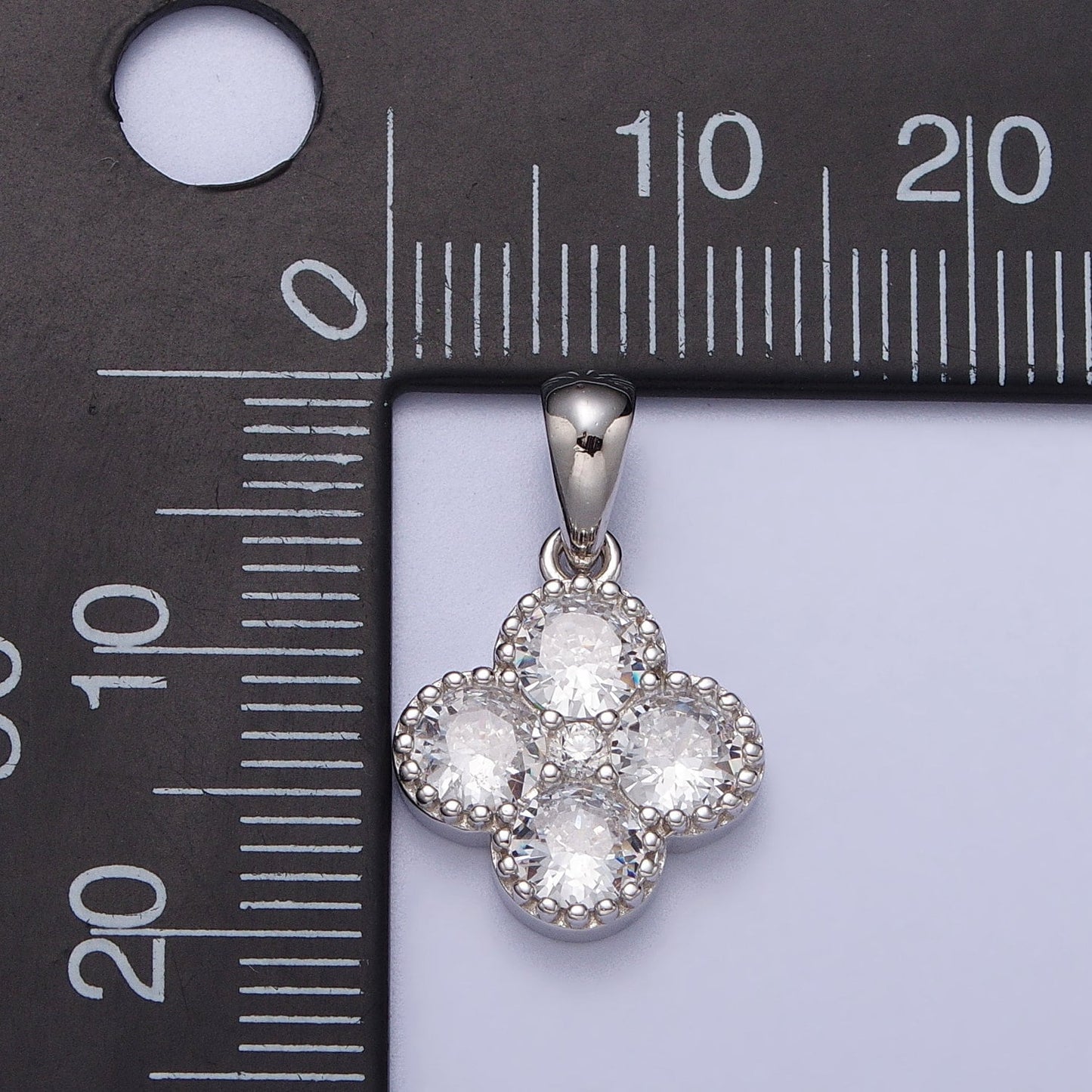 Tiny Sterling Silver Four Leaf Clover Charm, Good Luck Charm, Good Fortune Saint Patrick Charm, Small Flower CZ Clover Luck of the Irish