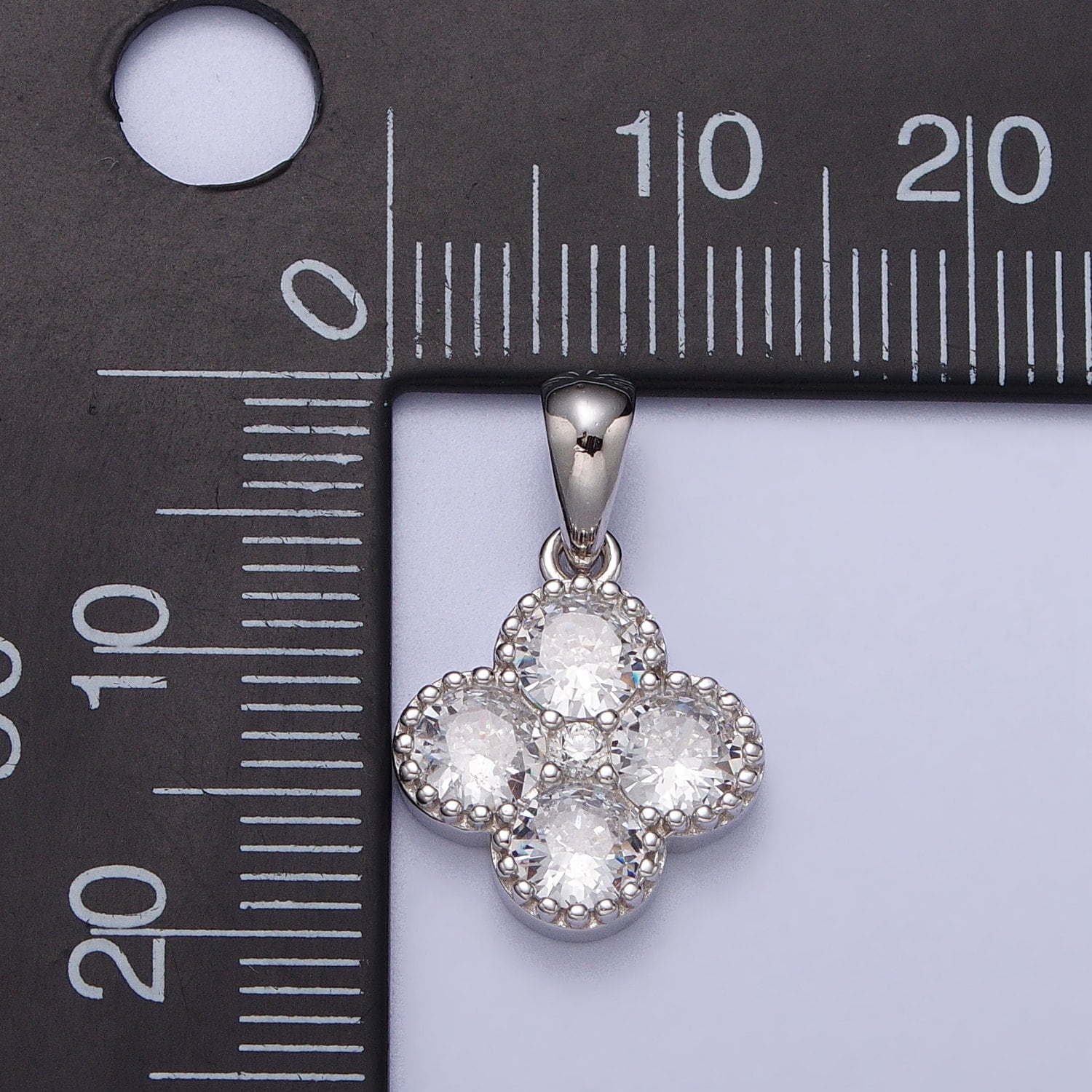Tiny Sterling Silver Four Leaf Clover Charm, Good Luck Charm, Good Fortune Saint Patrick Charm, Small Flower CZ Clover Luck of the Irish