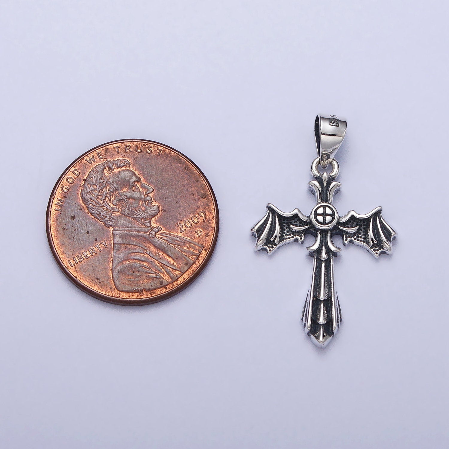 Winged Cross Silver Pendant, Silver Anarchy Necklace Charm Silver Cross Charm for Emo Punk Men Jewelry Making Supply SL-396