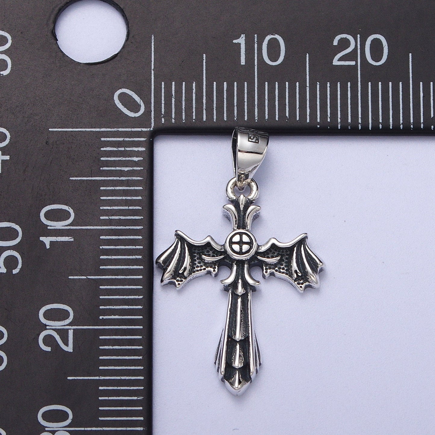 Winged Cross Silver Pendant, Silver Anarchy Necklace Charm Silver Cross Charm for Emo Punk Men Jewelry Making Supply SL-396