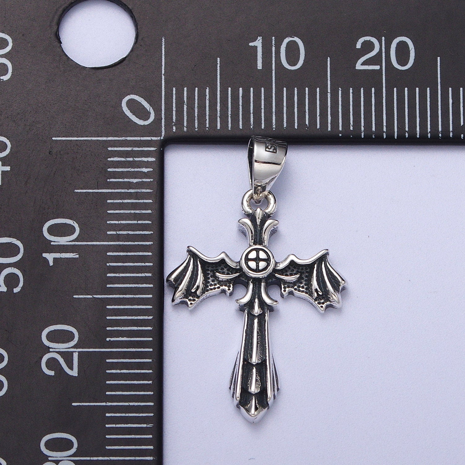Winged Cross Silver Pendant, Silver Anarchy Necklace Charm Silver Cross Charm for Emo Punk Men Jewelry Making Supply SL-396