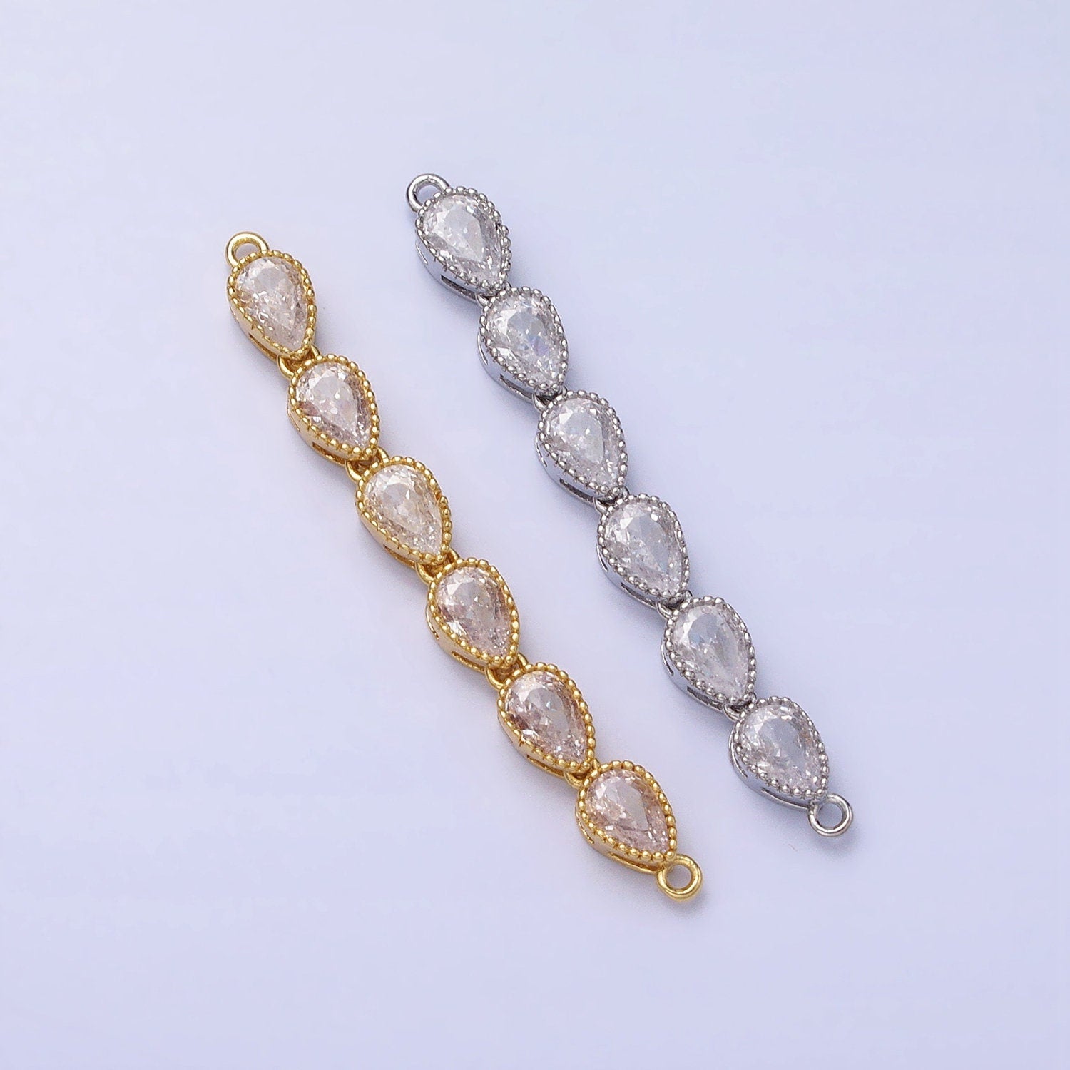 Bendable Gold Tear Drop Long Bar Connector, CZ Micro Pave Silver Pear Link Connector Necklace Jewelry Making Y-817