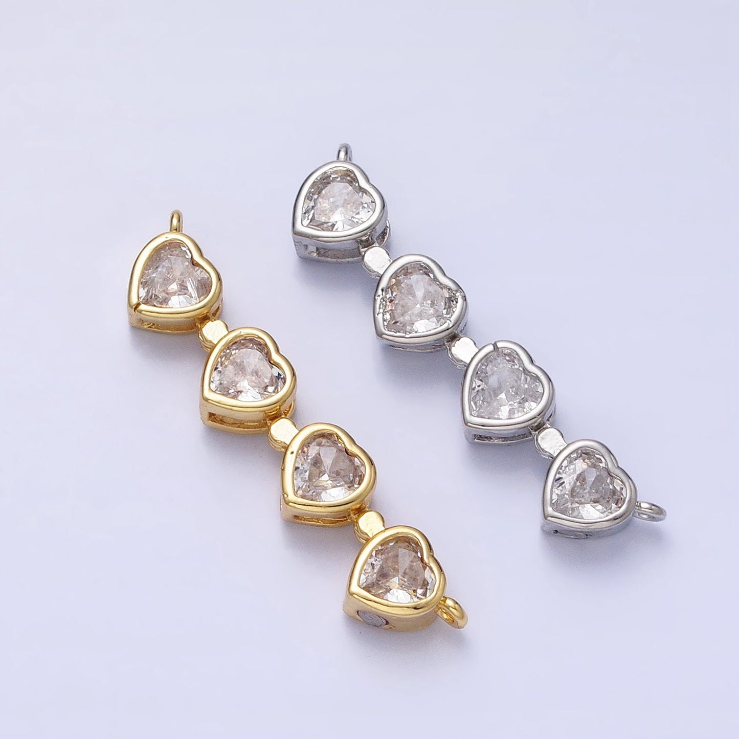 Bendable Gold Plated Heart Long Bar Connector, CZ Micro Pave Silver Heart Love Link Connector Necklace Jewelry Making Y-822