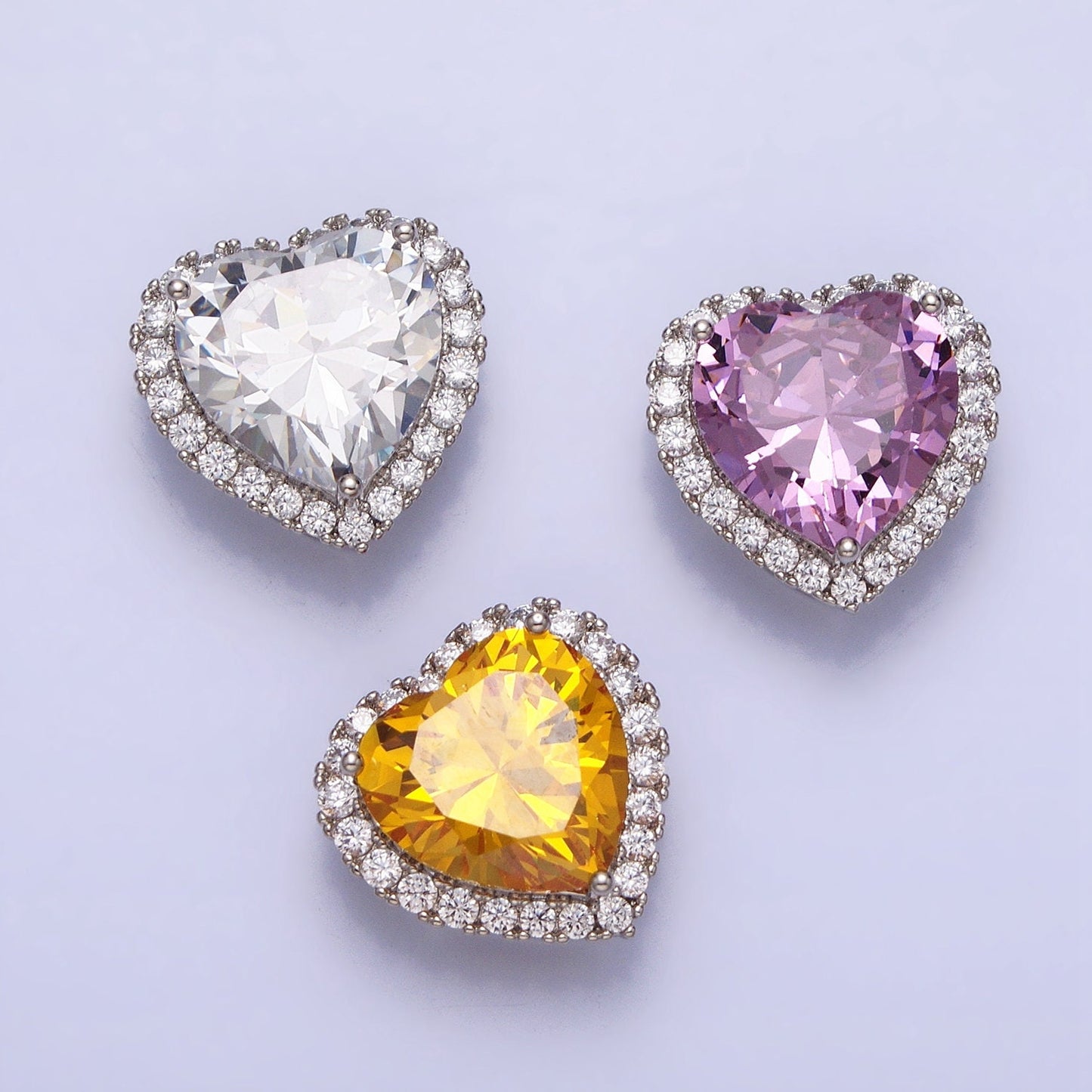Clear, Pink, Yellow CZ Heart Shaped Spacer Beads, Micro-Pave Heart Charm for Silver Bracelet Necklace Pendants AA245 AA246 AA247