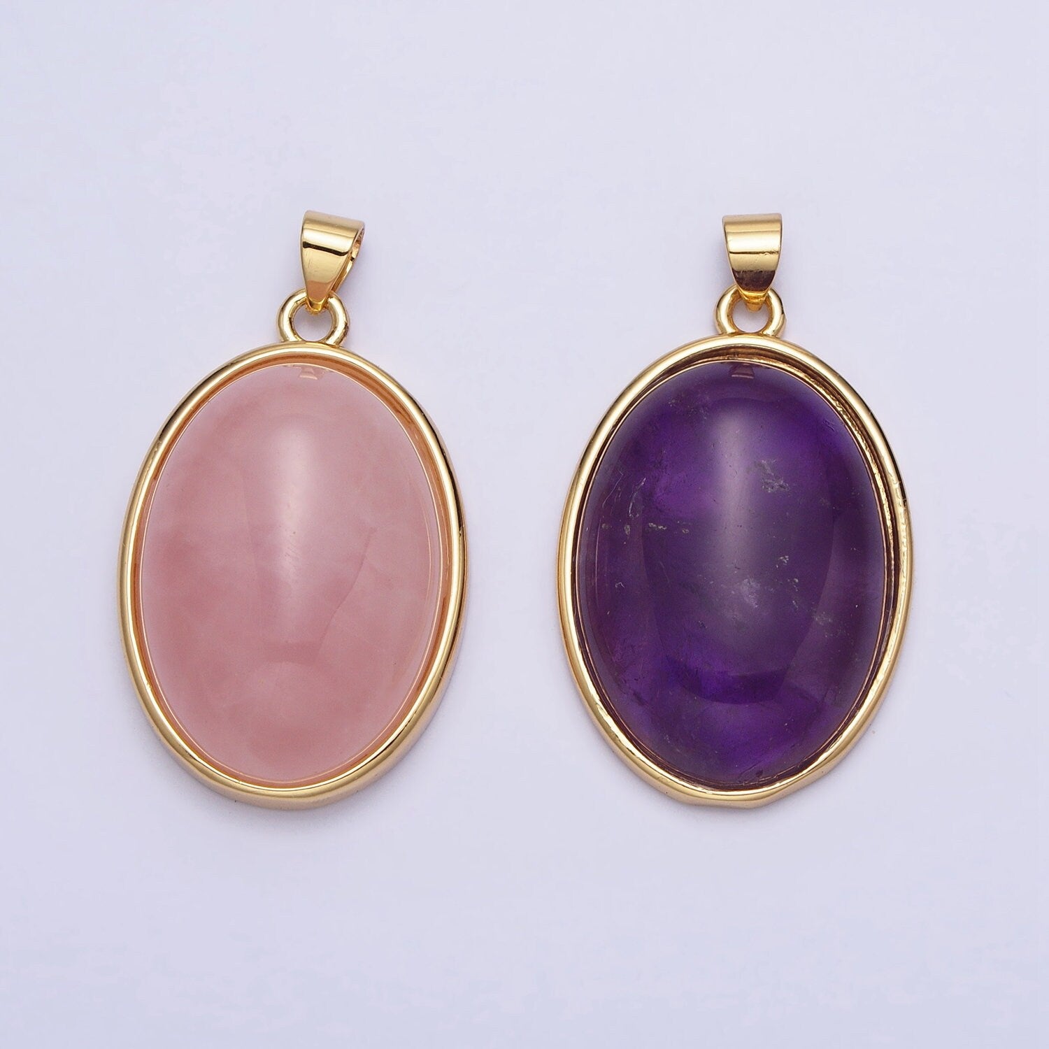 Purple Amethyst, Pink Rose Quartz Oval Cabochon 24K Gold Filled Oval Pendant AA292 AA293