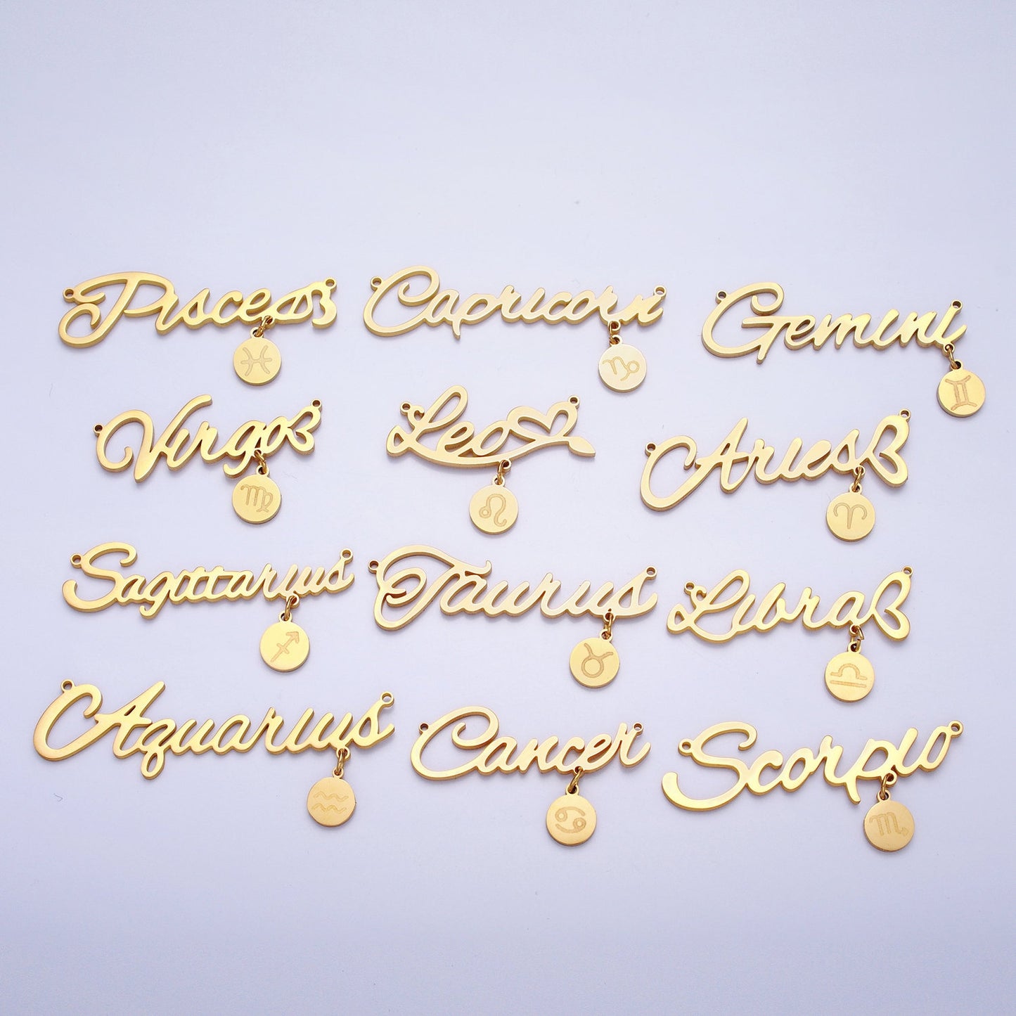 Gold Cursive Font Zodiac Charms Connector for Necklace Bracelet Link Connector Astrology Necklace Charm Personalized Jewelry Wholesale