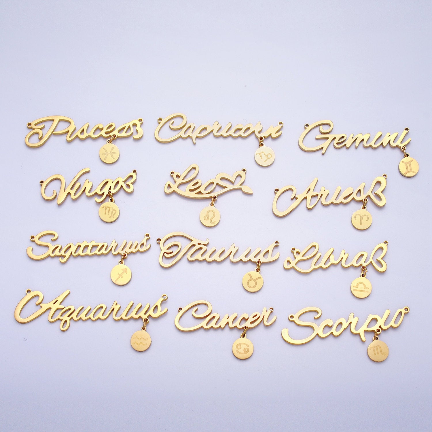 Gold Cursive Font Zodiac Charms Connector for Necklace Bracelet Link Connector Astrology Necklace Charm Personalized Jewelry Wholesale