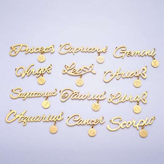 Gold Cursive Font Zodiac Charms Connector for Necklace Bracelet Link Connector Astrology Necklace Charm Personalized Jewelry Wholesale