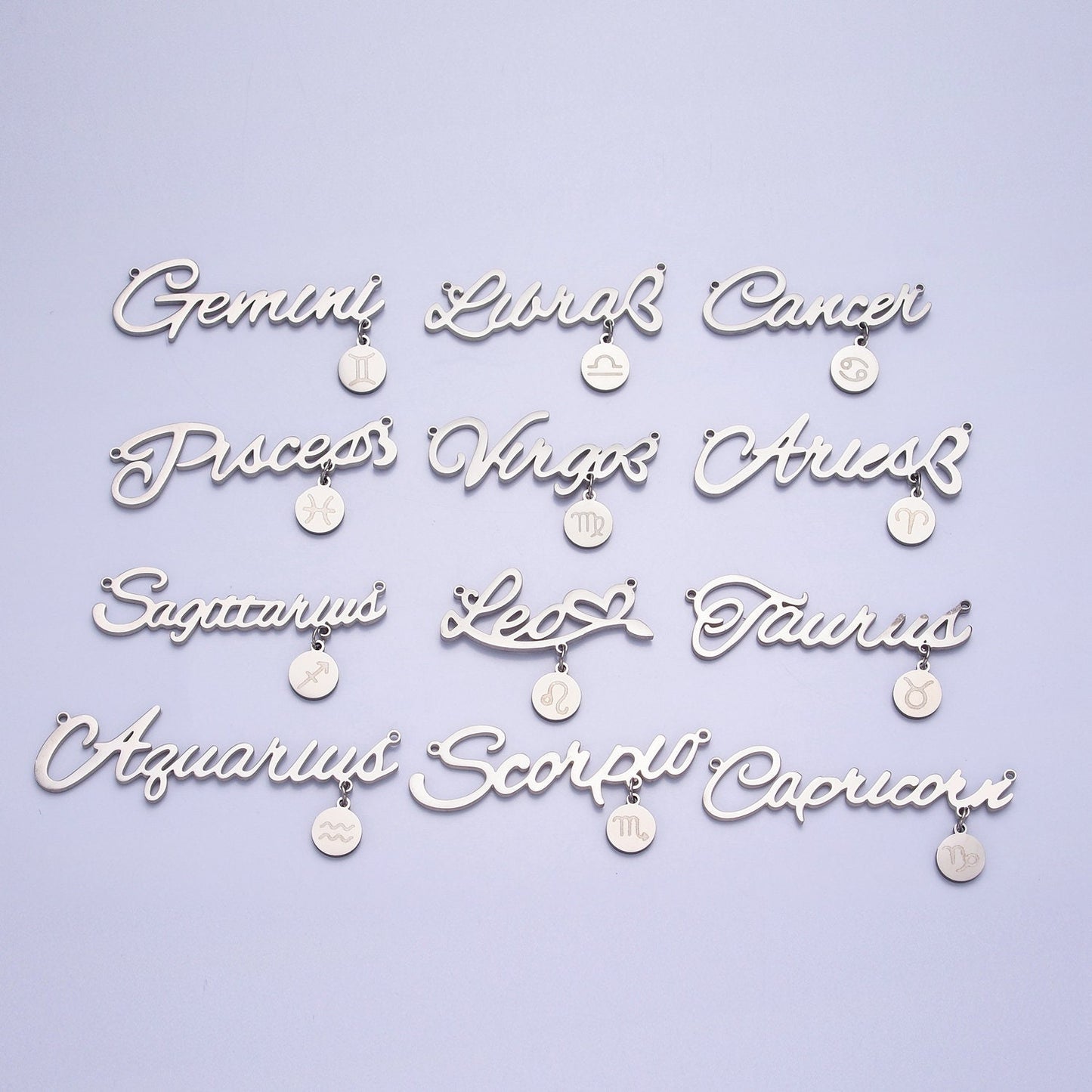 Stainless Steel Cursive Font Zodiac Charms Connector for Necklace Bracelet Astrology Necklace Charm Personalized Jewelry Wholesale
