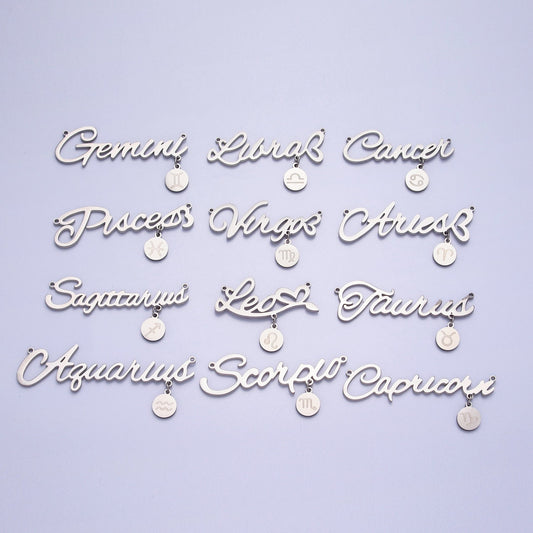 Stainless Steel Cursive Font Zodiac Charms Connector for Necklace Bracelet Astrology Necklace Charm Personalized Jewelry Wholesale