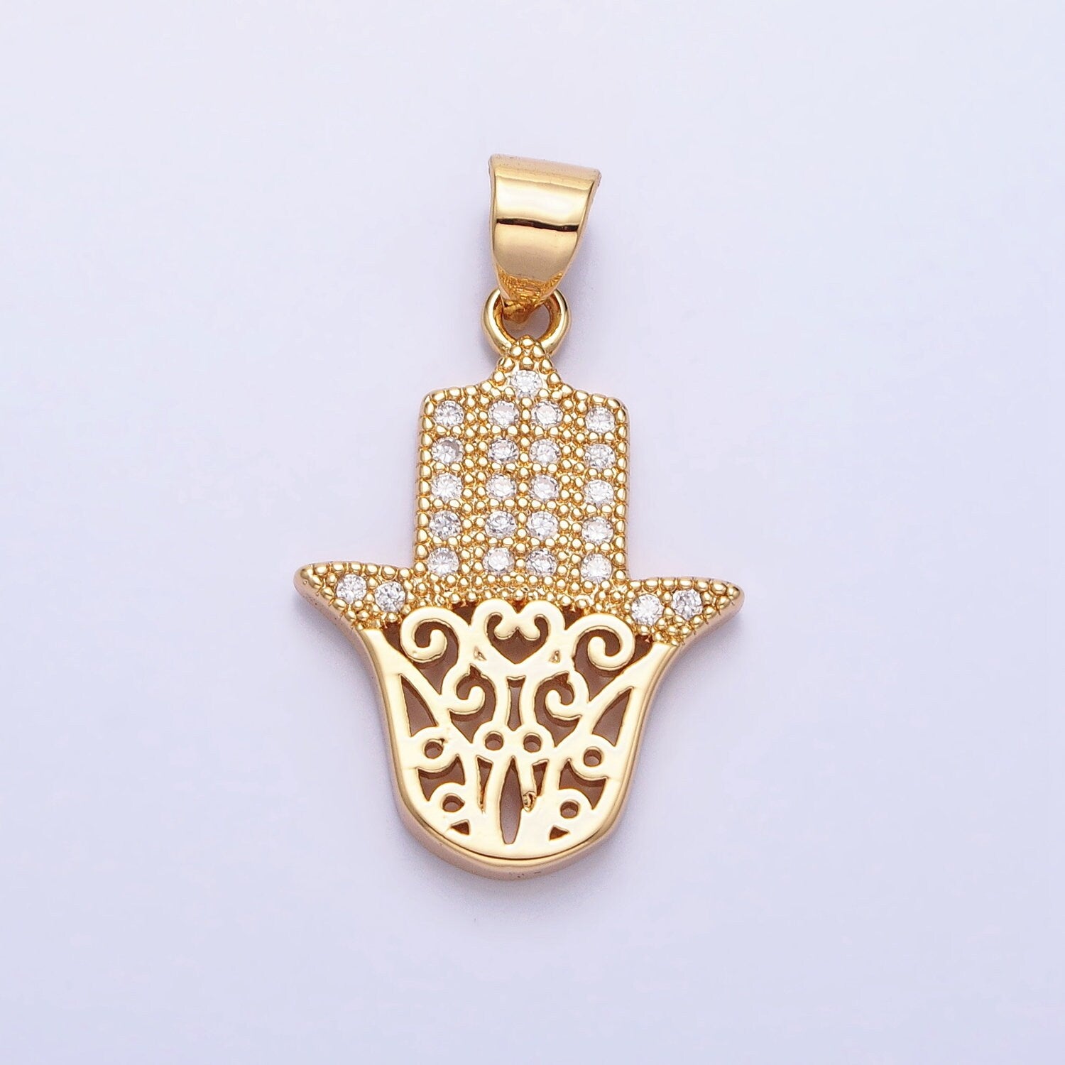 Dainty 24K Gold Filled Hamsa Hand Pendant Micro Pave Silver Hand of Fatimah Charm AA307 AA308
