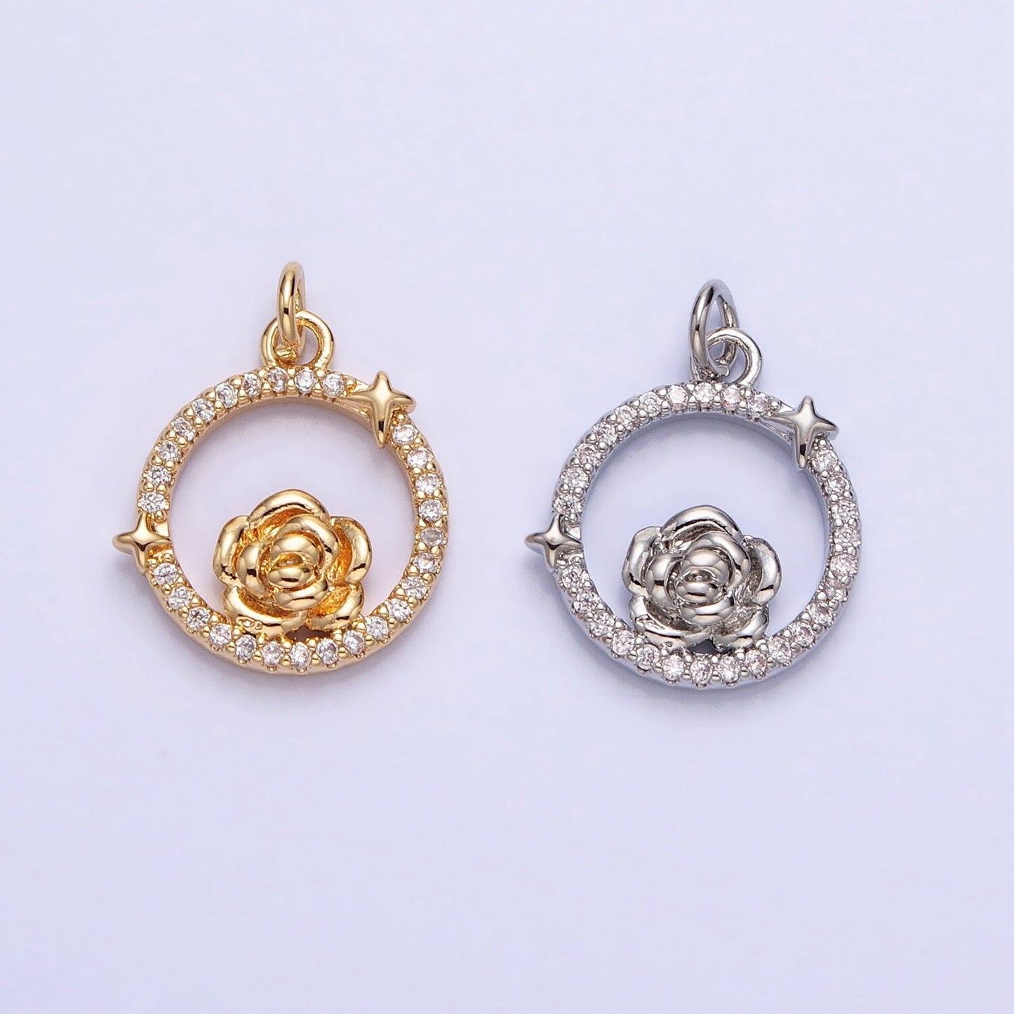 Dainty Gold Rose Charm Flower Micro Pave Round Coin Shape Pendant Floral Charm for Necklace Bracelet Component AC771