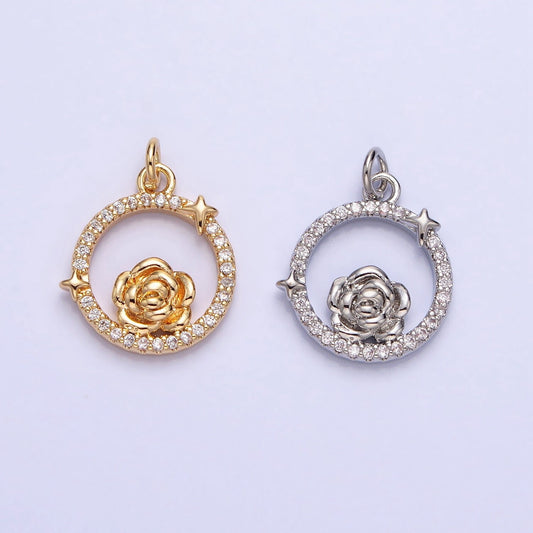 Dainty Gold Rose Charm Flower Micro Pave Round Coin Shape Pendant Floral Charm for Necklace Bracelet Component AC771