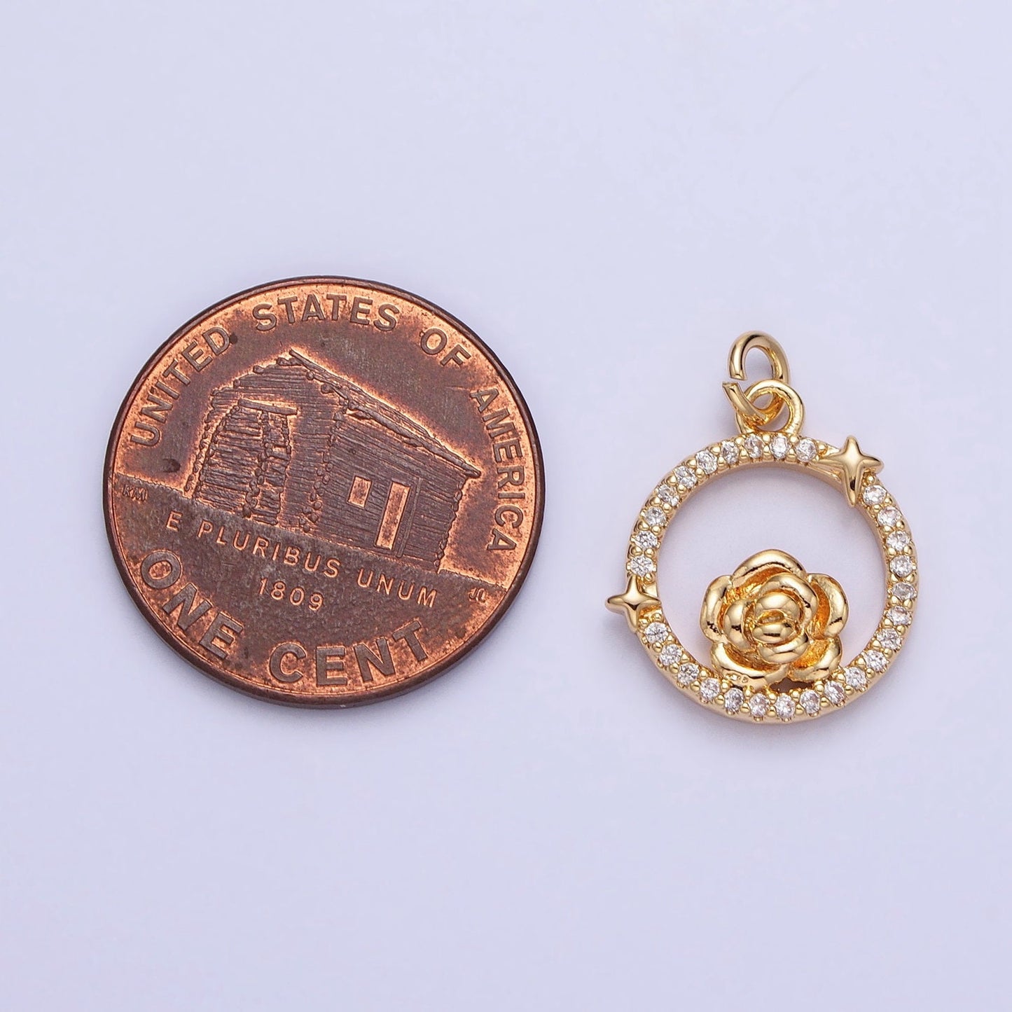 Dainty Gold Rose Charm Flower Micro Pave Round Coin Shape Pendant Floral Charm for Necklace Bracelet Component AC771