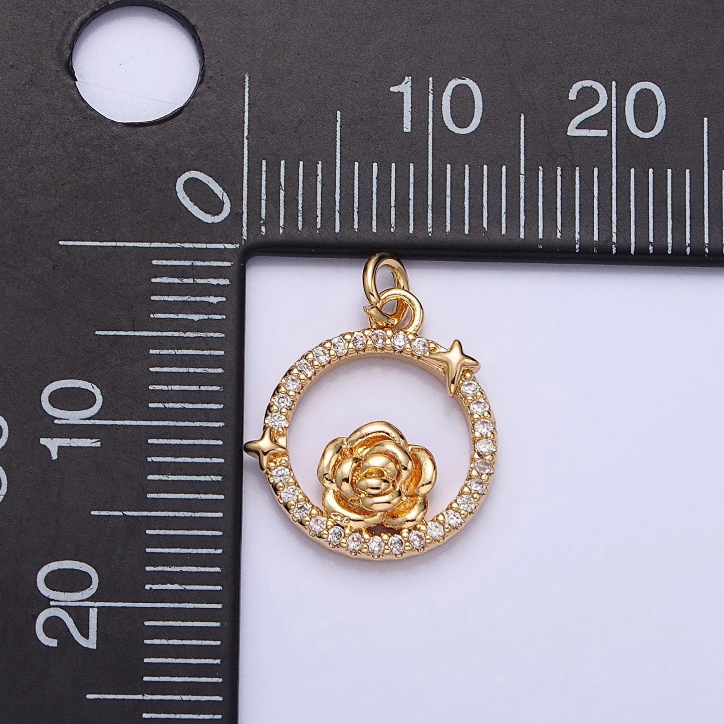 Dainty Gold Rose Charm Flower Micro Pave Round Coin Shape Pendant Floral Charm for Necklace Bracelet Component AC771
