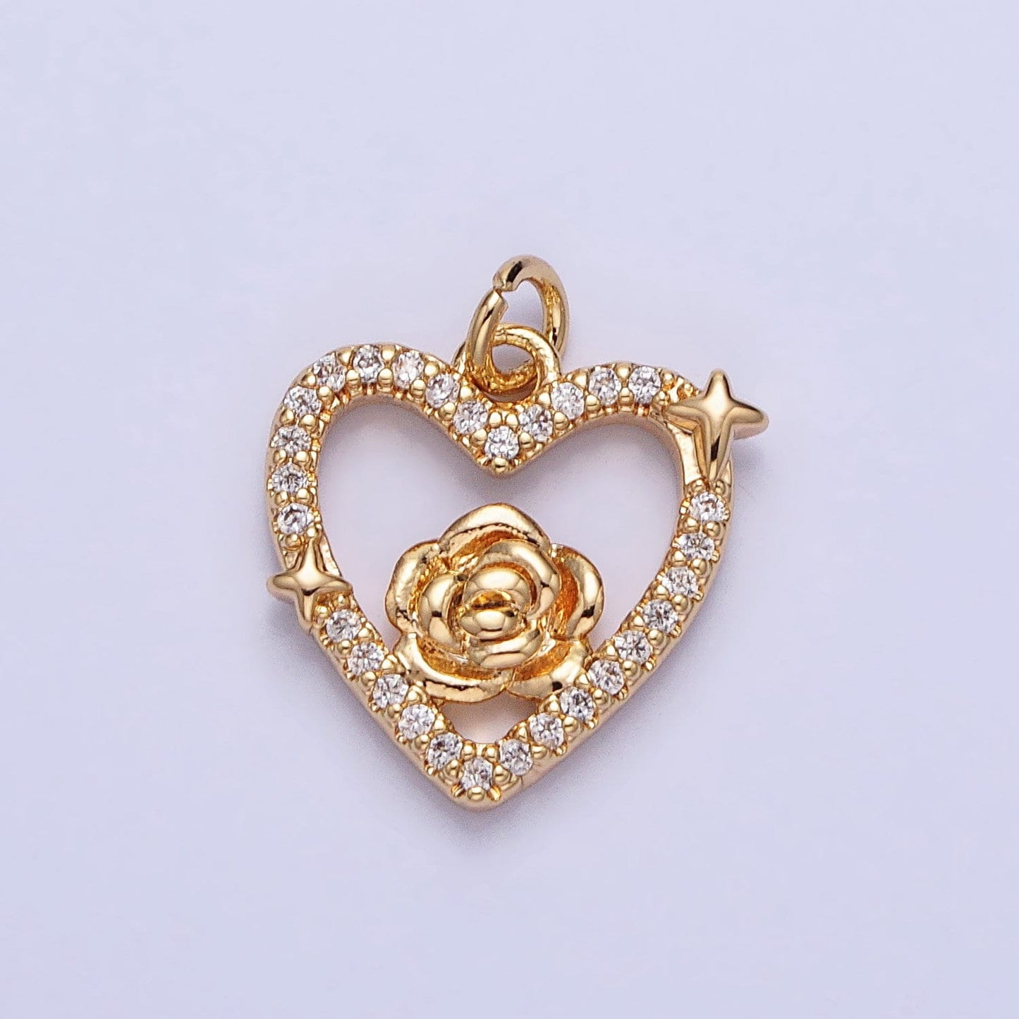 Dainty Gold Rose Charm Flower Micro Pave Heart Shape Pendant Floral Charm for Necklace Bracelet Component AC717