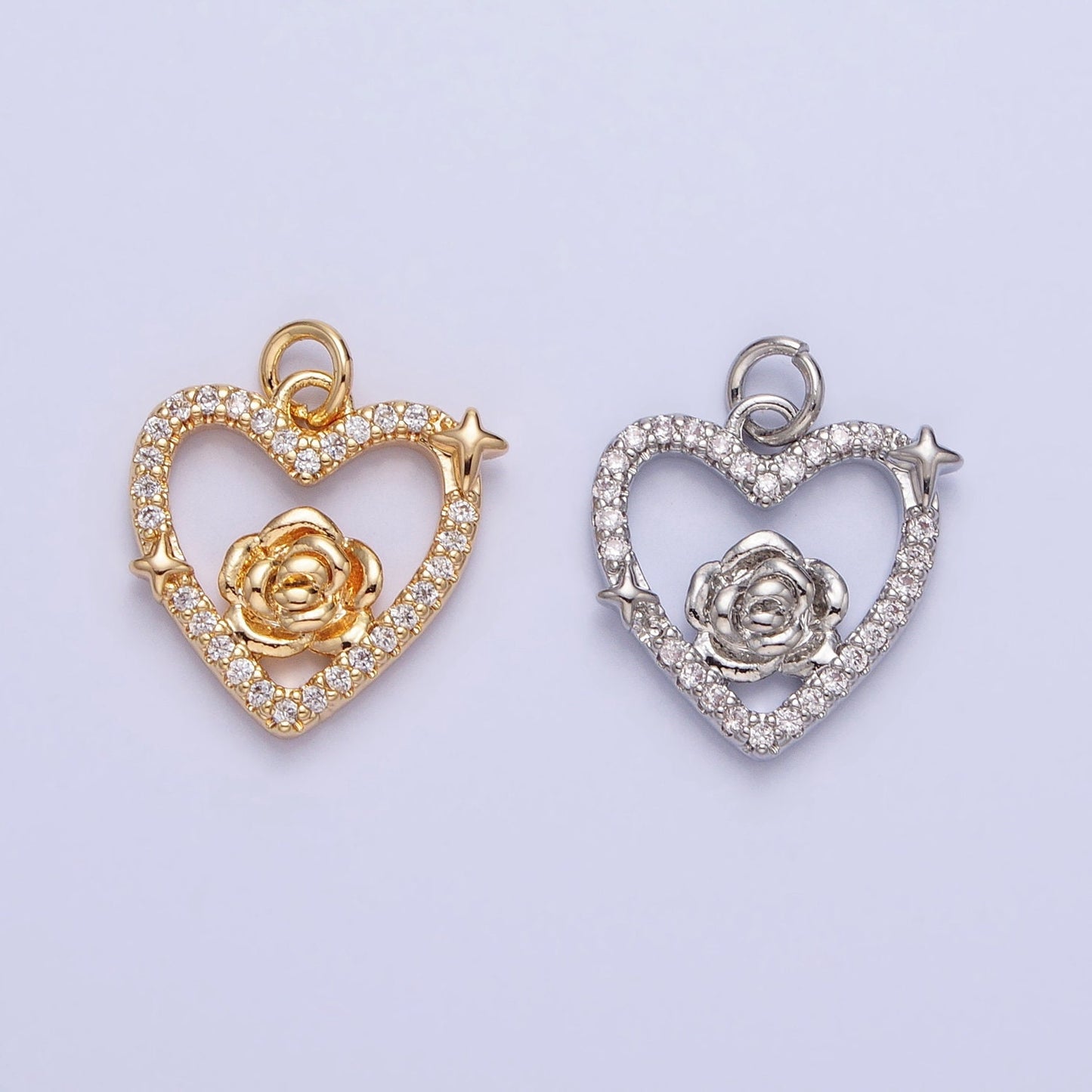 Dainty Gold Rose Charm Flower Micro Pave Heart Shape Pendant Floral Charm for Necklace Bracelet Component AC717