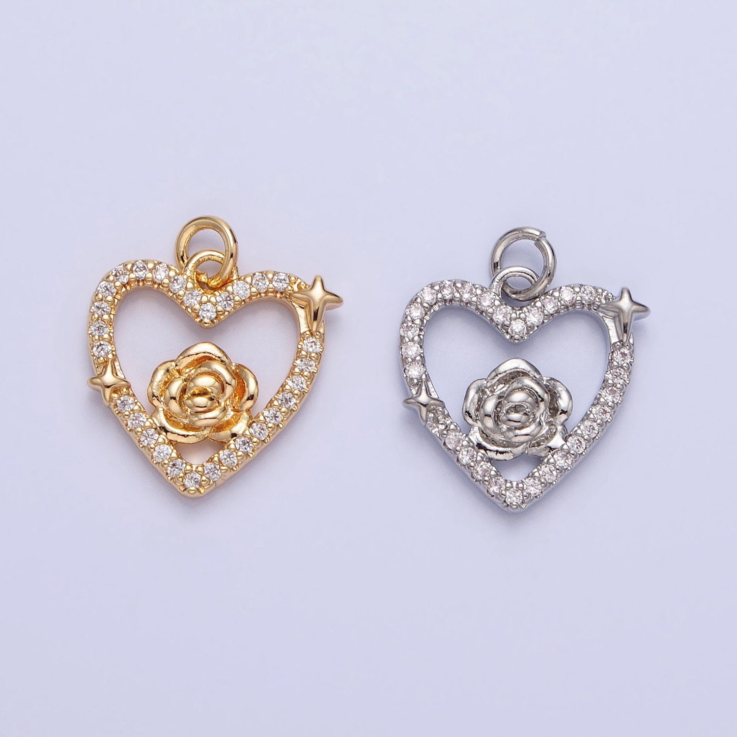 Dainty Gold Rose Charm Flower Micro Pave Heart Shape Pendant Floral Charm for Necklace Bracelet Component AC717