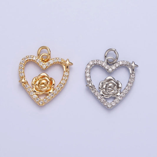 Dainty Gold Rose Charm Flower Micro Pave Heart Shape Pendant Floral Charm for Necklace Bracelet Component AC717