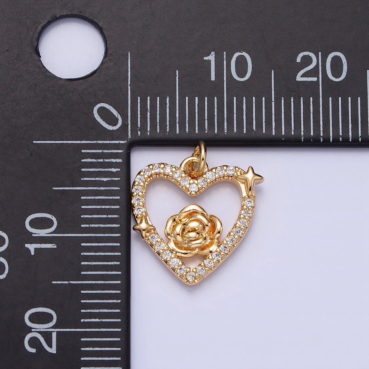 Dainty Gold Rose Charm Flower Micro Pave Heart Shape Pendant Floral Charm for Necklace Bracelet Component AC717