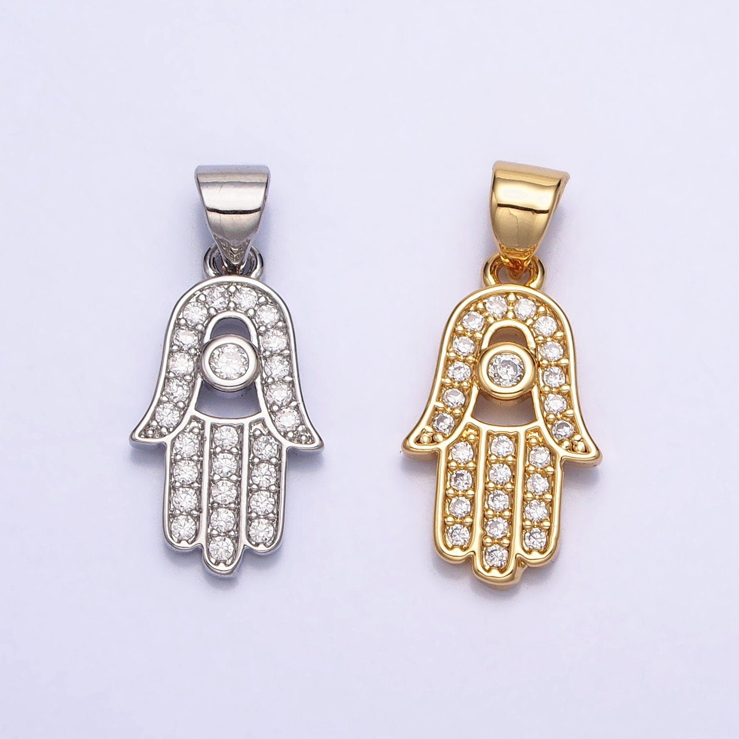 16K Gold Filled Micro Paved Clear CZ Protection Hamsa Hand Evil Eye Pendant in Gold & Silver | AA386 AA387