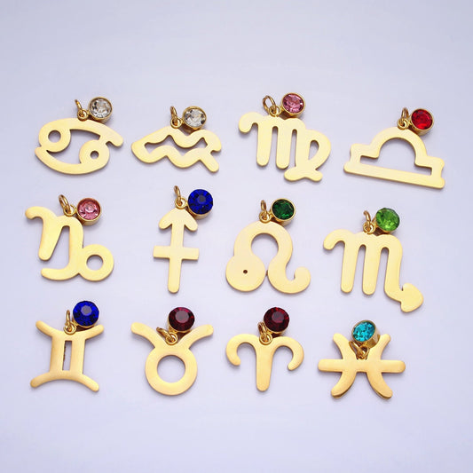 Add on Small Gold Zodiac Charms Birthstone CZ Astrological Zodiac Signs Symbols, Birthday Personalized Horoscope Charm Stainless Steel