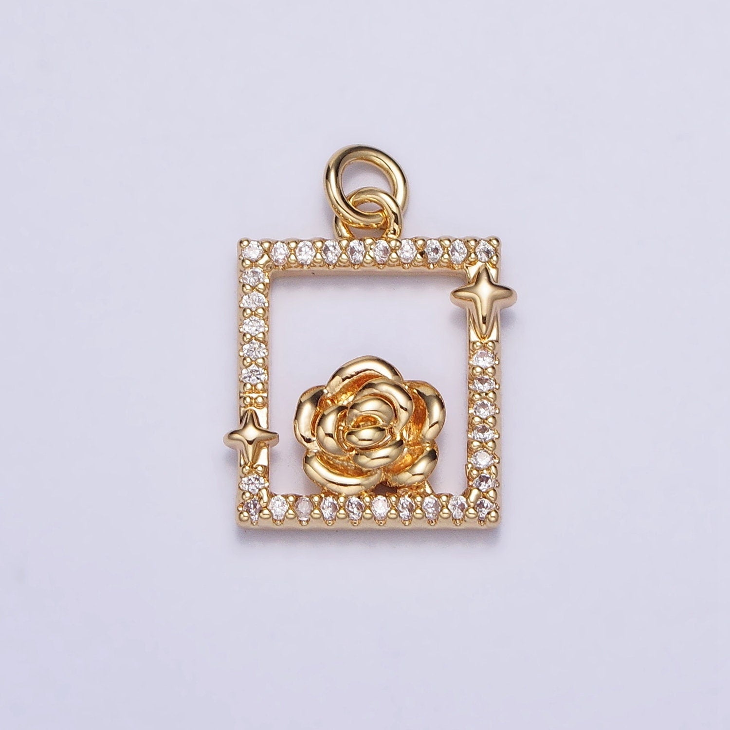Dainty MIcro Pave Rosebud Flower Charm Pendant Rose Floral Charm in Square Frame with CZ Stone for Bracelet Necklace Earring Supply AC699