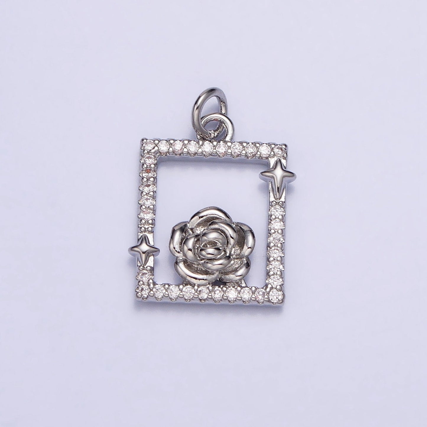 Dainty MIcro Pave Rosebud Flower Charm Pendant Rose Floral Charm in Square Frame with CZ Stone for Bracelet Necklace Earring Supply AC699