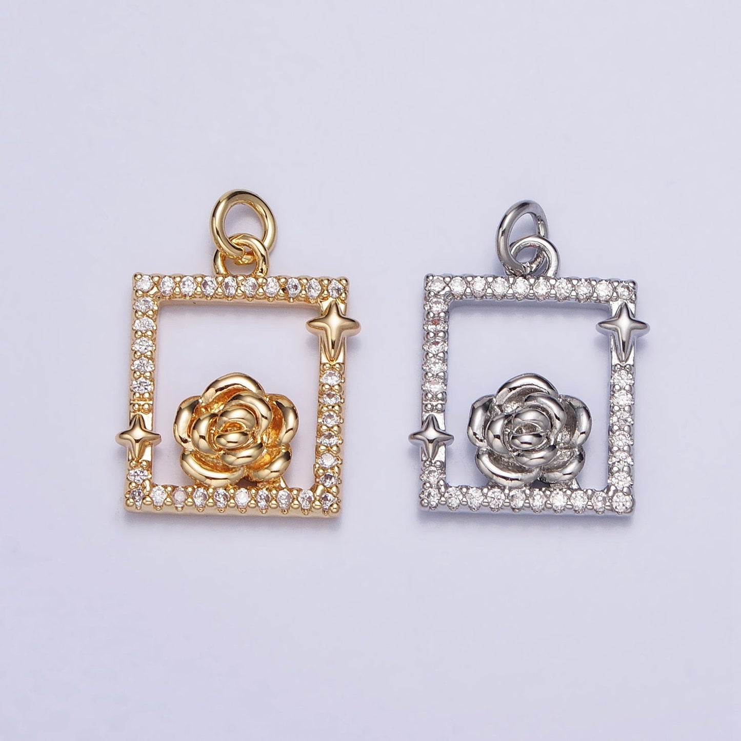Dainty MIcro Pave Rosebud Flower Charm Pendant Rose Floral Charm in Square Frame with CZ Stone for Bracelet Necklace Earring Supply AC699
