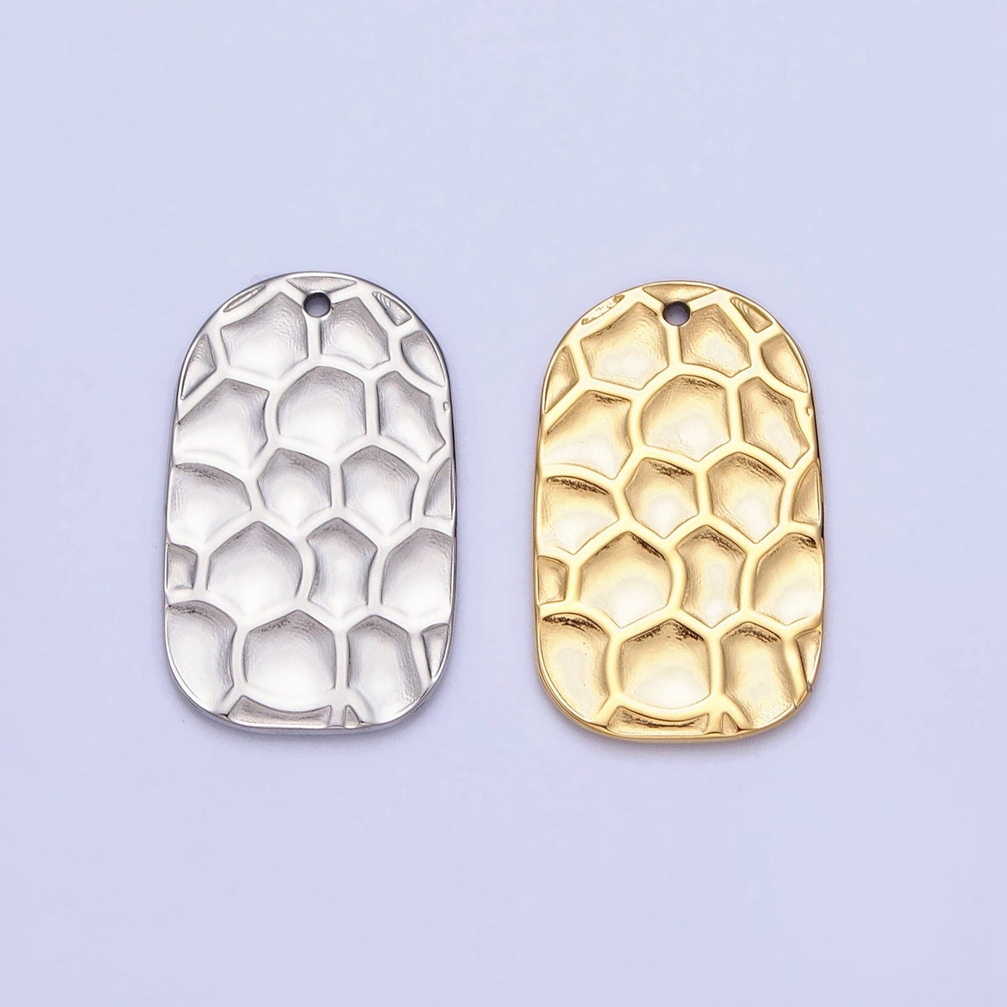 Dainty Stainless Steel Honey Comb Hammered Rectangular Tag Charm in Gold & Silver Lead Nickel Free Tarnish Free | P-891