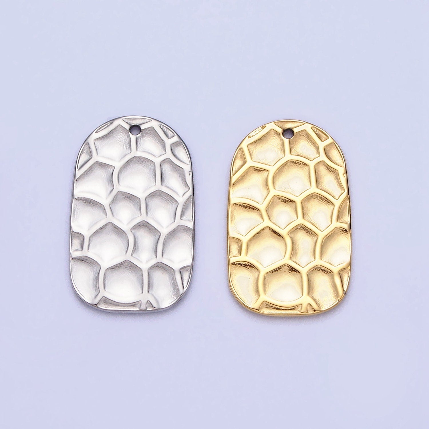 Dainty Stainless Steel Honey Comb Hammered Rectangular Tag Charm in Gold & Silver Lead Nickel Free Tarnish Free | P-891