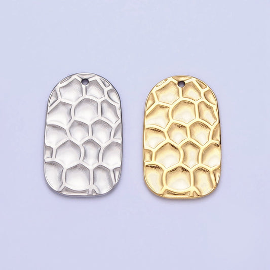 Dainty Stainless Steel Honey Comb Hammered Rectangular Tag Charm in Gold & Silver Lead Nickel Free Tarnish Free | P-891