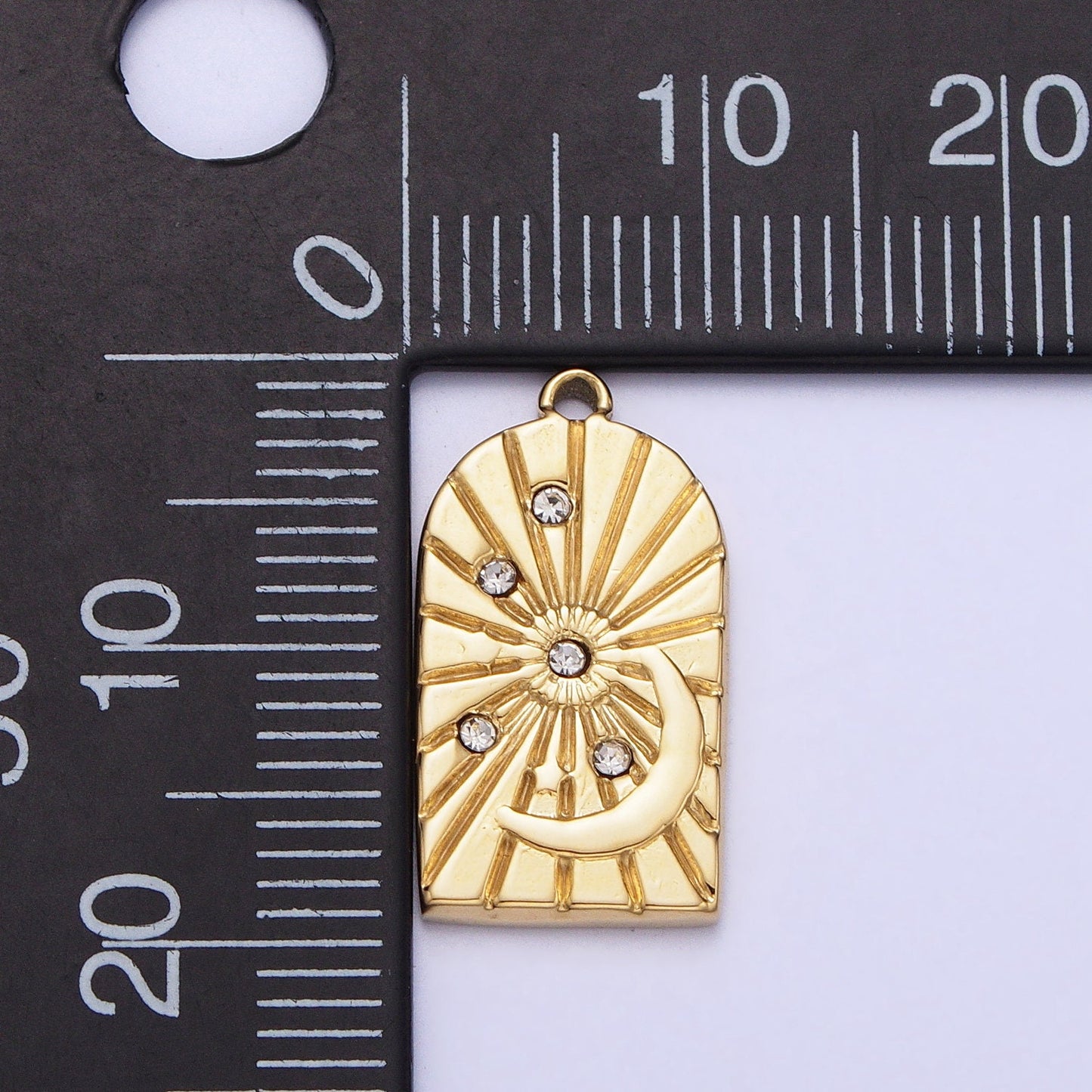 Dainty CZ Stainless Steel Crescent Moon Charm in Gold & Silver Medallion CZ Tag Pendant Lead Nickel Free Tarnish Free | P-901