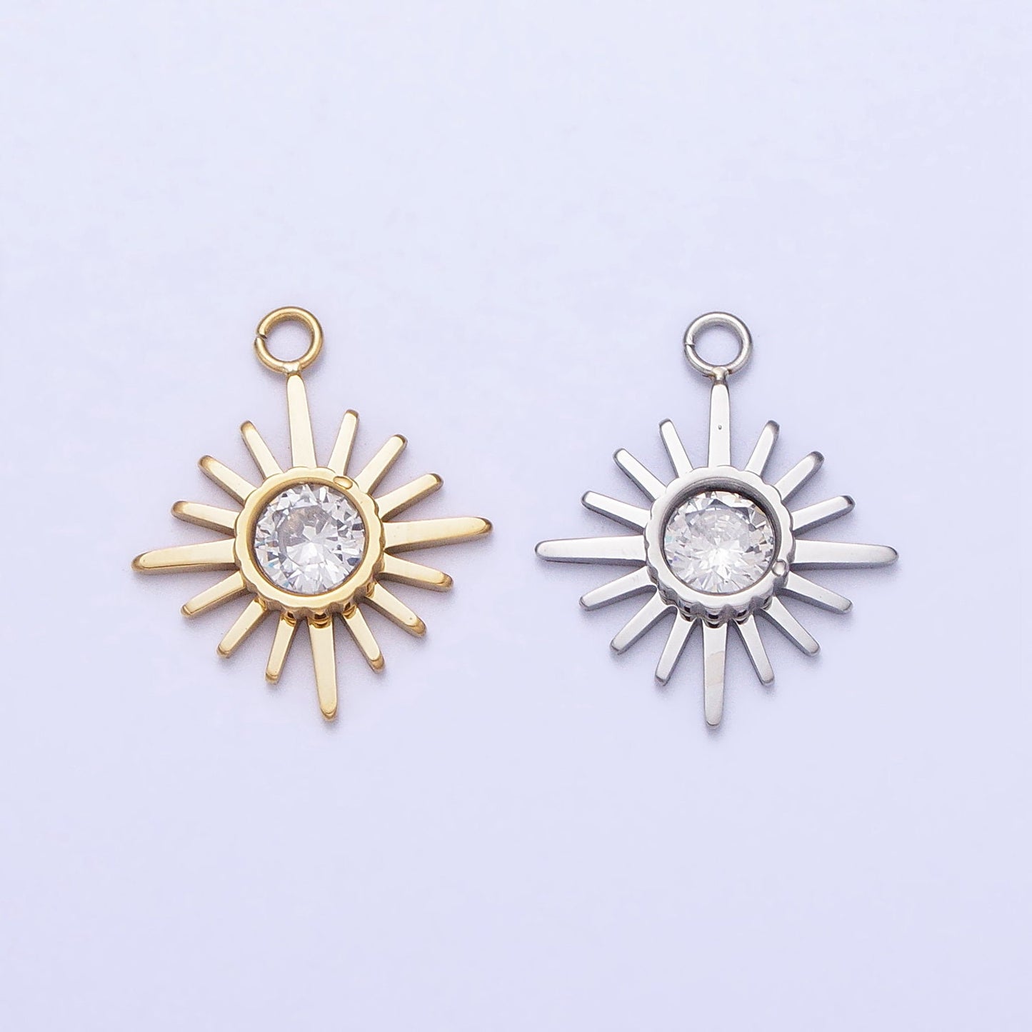 Mini Stainless Steel Sunburst Charm in Gold Silver Sun CZ Circle Pendant for Necklace Earring Lead Nickel Free Tarnish Free P-892