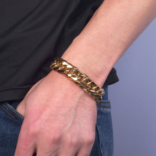 Miami Cuban Link Chain Bracelet 24k Gold Plated Hip Hop Stainless Steel 8mm-11mm Thick Bracelet for Men Father Day Gift Boy Friend Jewelry