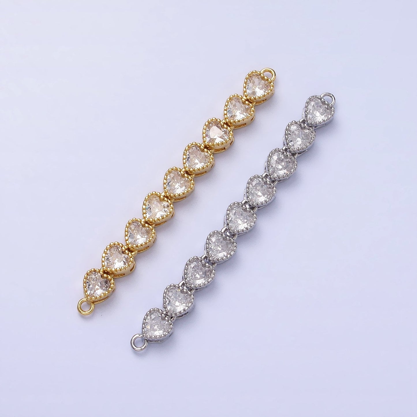 Bendable Gold Heart Long Bar Connector, CZ Micro Pave Silver Heart Link Connector Necklace Jewelry Making Y-814