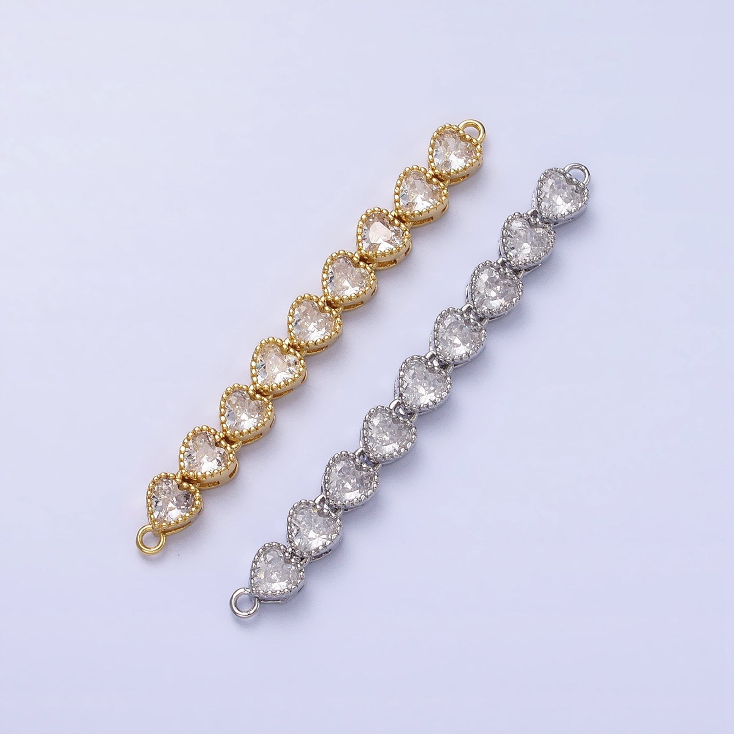 Bendable Gold Heart Long Bar Connector, CZ Micro Pave Silver Heart Link Connector Necklace Jewelry Making Y-814