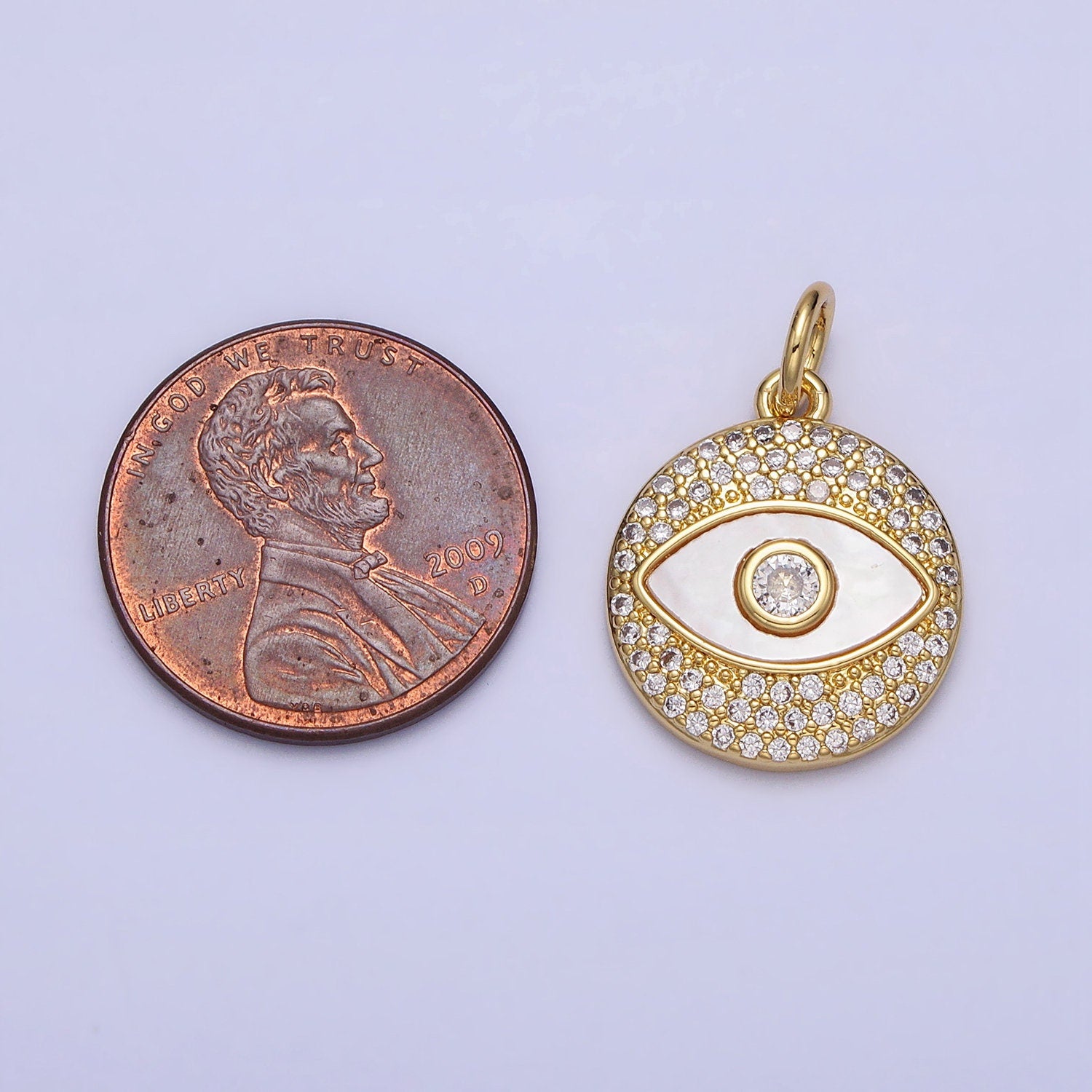 Pearl Gold Evil Eye Charm Clear Micro Paved CZ Medallion Round Disc Charm | AC363