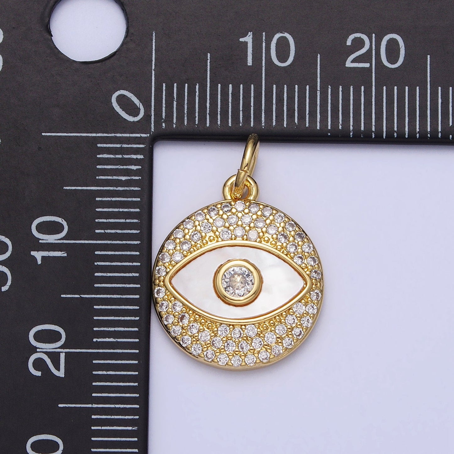 Pearl Gold Evil Eye Charm Clear Micro Paved CZ Medallion Round Disc Charm | AC363