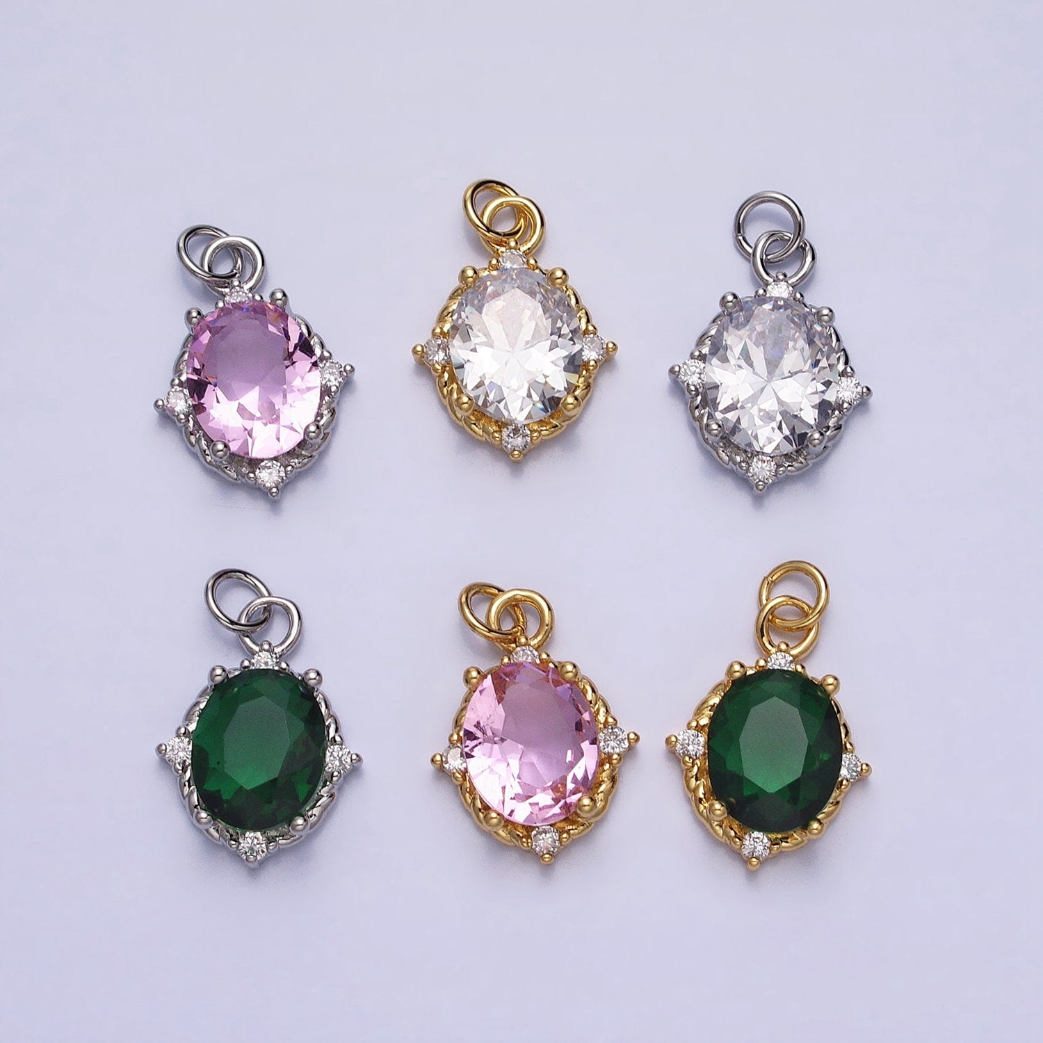 Gold Solitaire Oval Cut Pendant | Classy Oval Charm With Clear Pink Green CZ Cubic Stone for Minimalist Jewelry Making Supply AC539