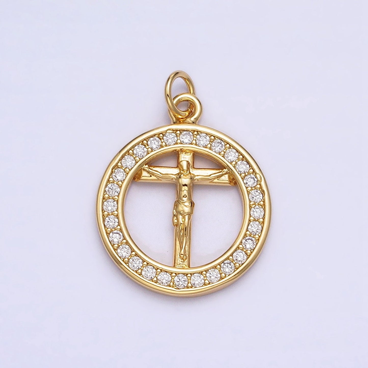 Dainty Circle Charm with Crucifix Jesus Gold Plated Cross Micro CZ Pave | DIY Pendant Piece for Necklace Bracelet AC672