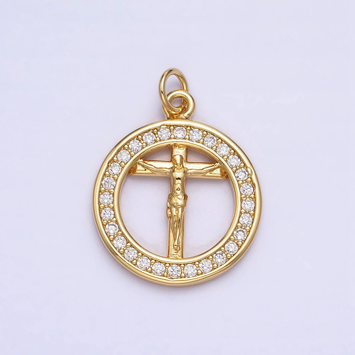 Dainty Circle Charm with Crucifix Jesus Gold Plated Cross Micro CZ Pave | DIY Pendant Piece for Necklace Bracelet AC672