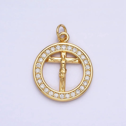 Dainty Circle Charm with Crucifix Jesus Gold Plated Cross Micro CZ Pave | DIY Pendant Piece for Necklace Bracelet AC672